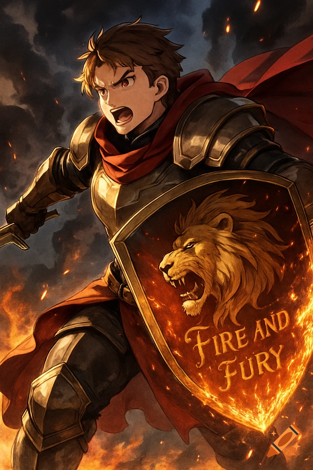An anime warrior in golden armor and a red cape holds a sword and a shield with a roaring lion and 'FIRE AND FURY' amidst fire and smoke.