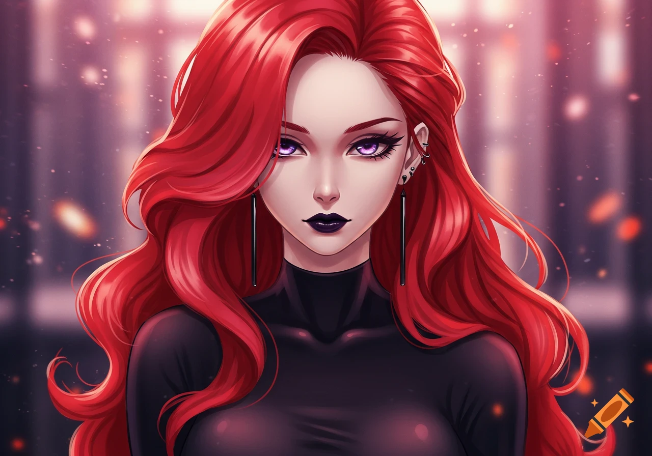Anime portrait of a red-haired woman with striking purple eyes, black lipstick, and earrings, wearing a black top.