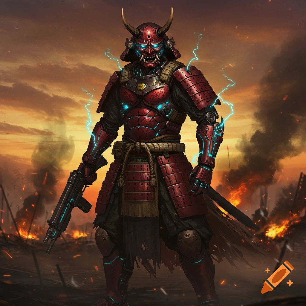 A red and black cyber-samurai warrior with glowing blue accents and an oni mask stands amidst a burning battlefield.