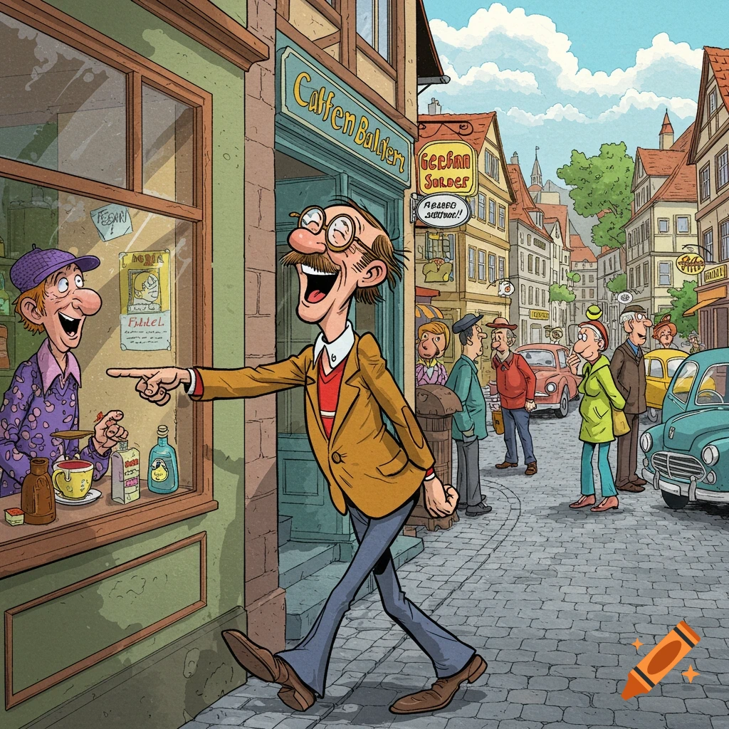 A cheerful cartoon man with a mustache points and laughs at another man in a shop window on a bustling street lined with historic buildings.
