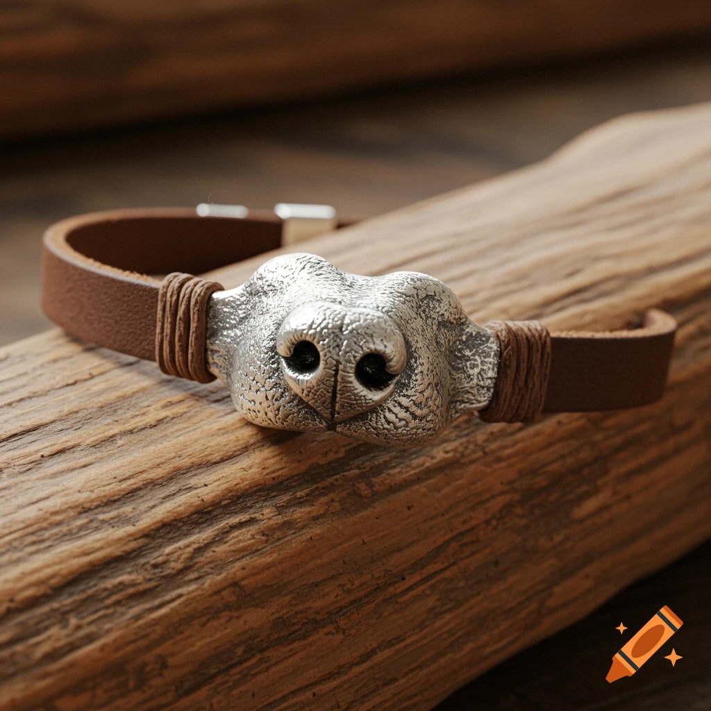 A brown leather bracelet featuring a detailed silver-casted dog nose charm, resting on a rustic wooden surface.