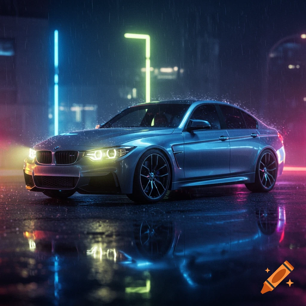 A silver BMW M3 sedan sits on a wet, rainy street at night, illuminated by its bright headlights and colorful neon lights reflecting on the ground.