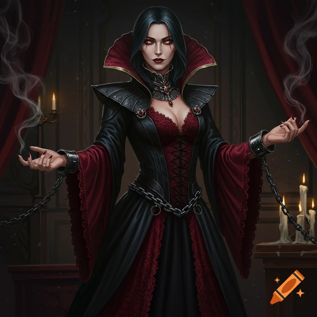 Gothic vampire woman in a black and red dress, chained, with red eyes and smoke from her hands in a dark, candlelit room.