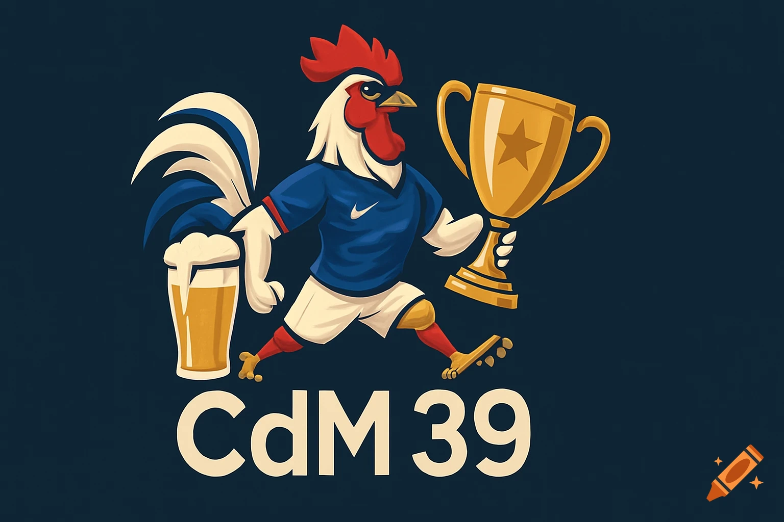 Cartoon rooster in a French football jersey, holding a trophy and beer, with 'CdM 39' text.