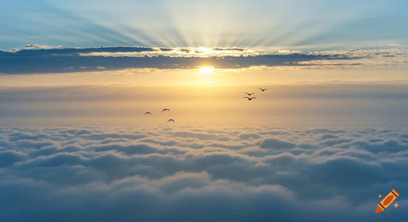 A radiant sunrise above a vast sea of clouds with crepuscular rays. Silhouetted birds fly across the golden sky.