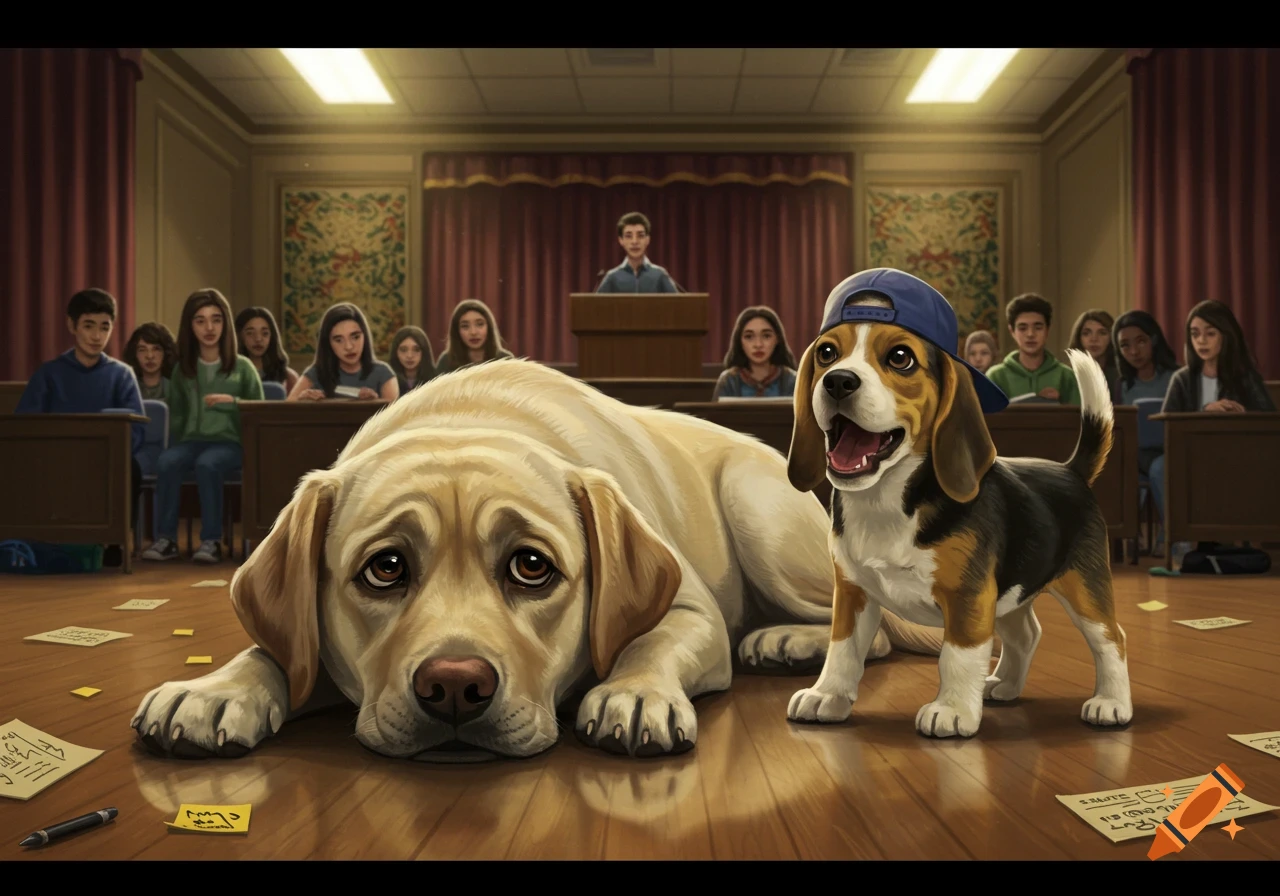 A sad yellow Labrador and a beagle wearing a blue cap watch a high school debate from the floor, illustrated.