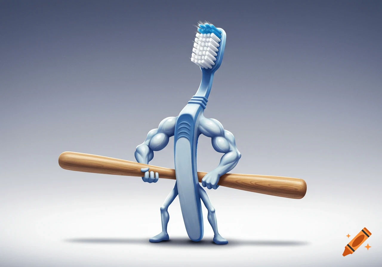 A cartoonish blue toothbrush with muscular arms and legs holds a wooden baseball bat, depicted in a stylized illustration.