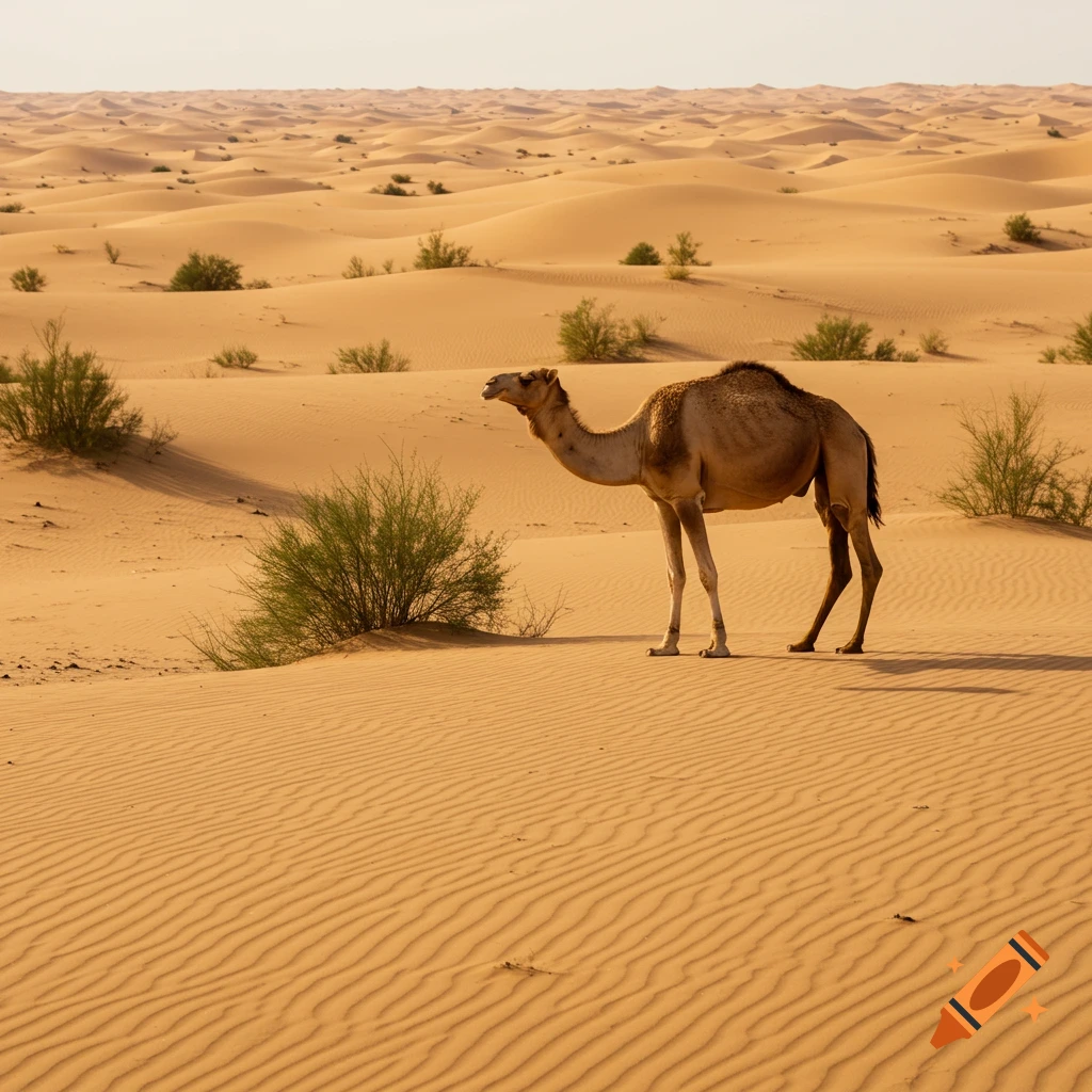 A tan camel stands amidst small green shrubs on sunlit sand dunes in a vast, ripple-patterned desert landscape.