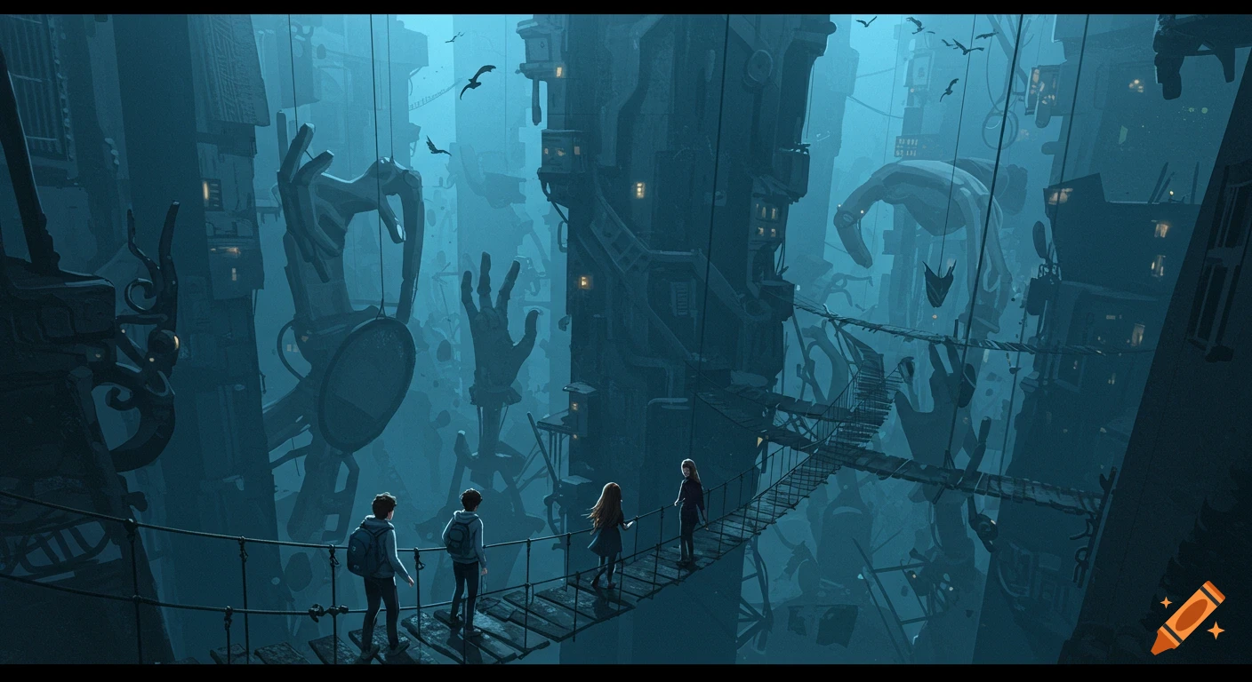 Four small figures on a wooden bridge view a vast, dark, surreal city with giant hands and twisted buildings in a dramatic blue-grey gothic style.