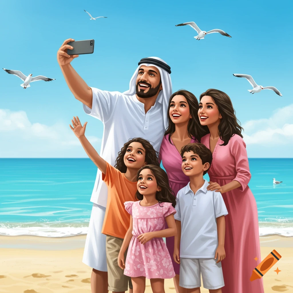 Illustrated Middle Eastern family taking a selfie on a sunny beach with seagulls flying overhead.