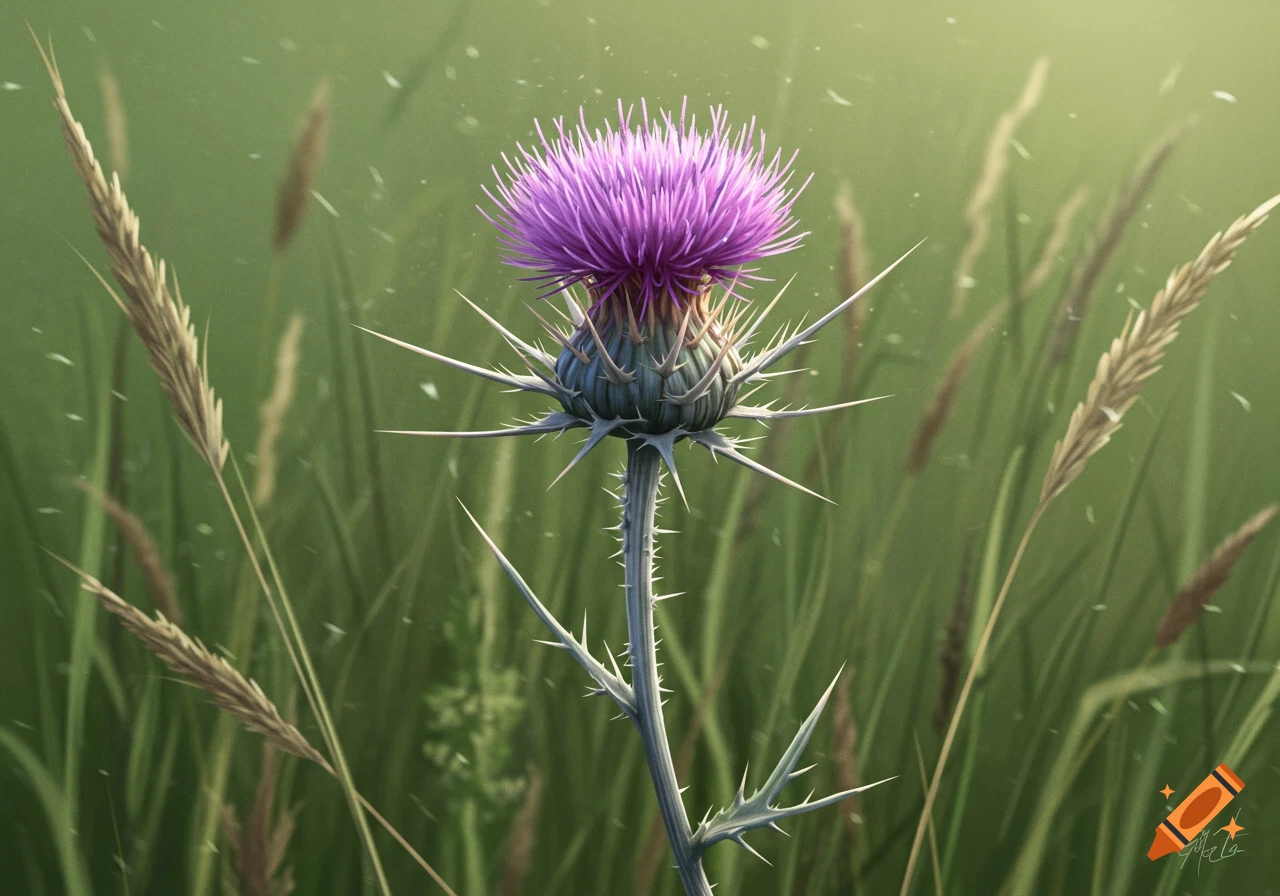 A vibrant purple thistle flower with sharp thorns stands tall in a green field of grass, under soft light.
