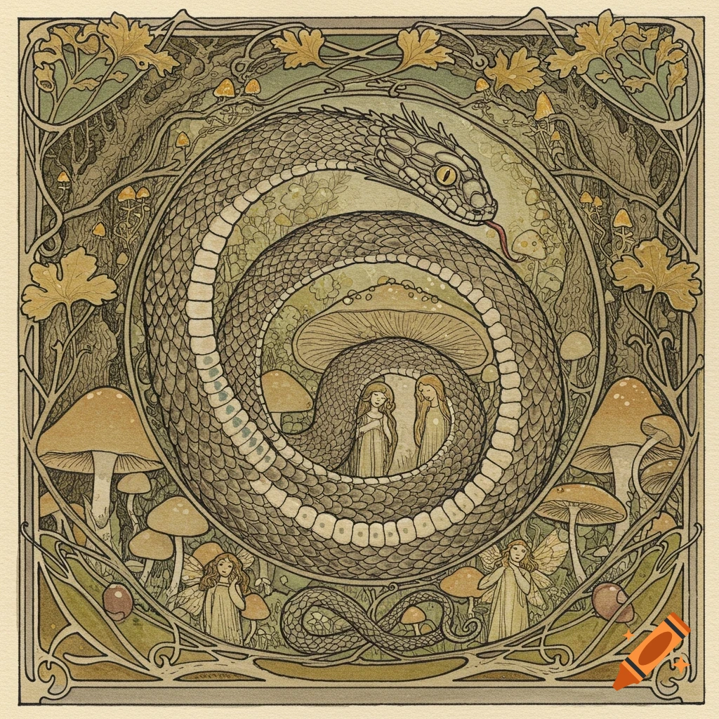 Arthur Rackham style illustration of an Ouroboros snake coiling around two women and fairies amidst mushrooms and foliage.