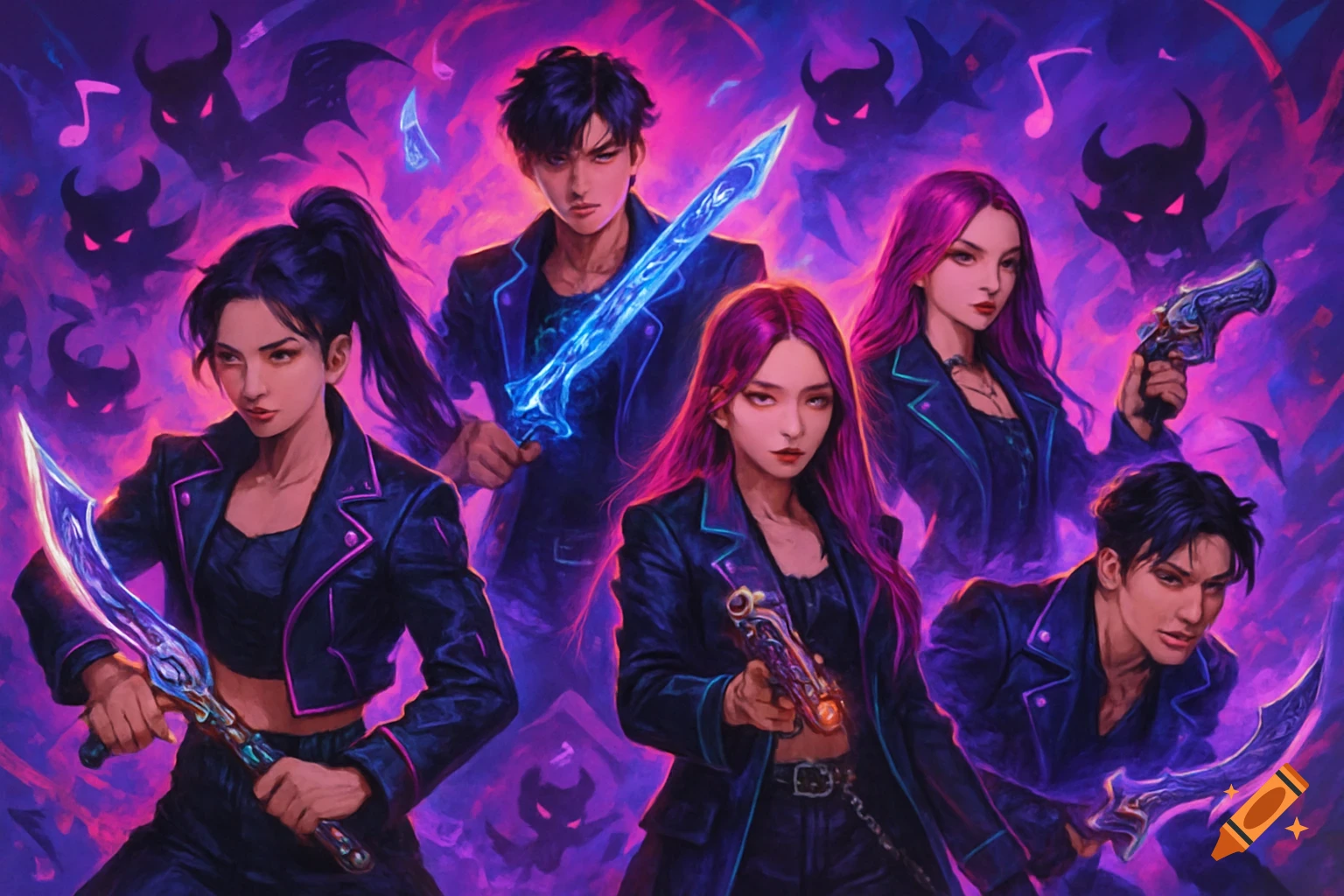 Anime-style group of five K-pop-like demon hunters with glowing weapons and shadowy demons on a purple background.