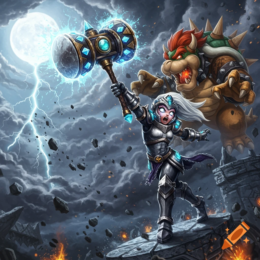 Armored female warrior with a glowing hammer and lightning, battling Bowser under a full moon in detailed fantasy art.