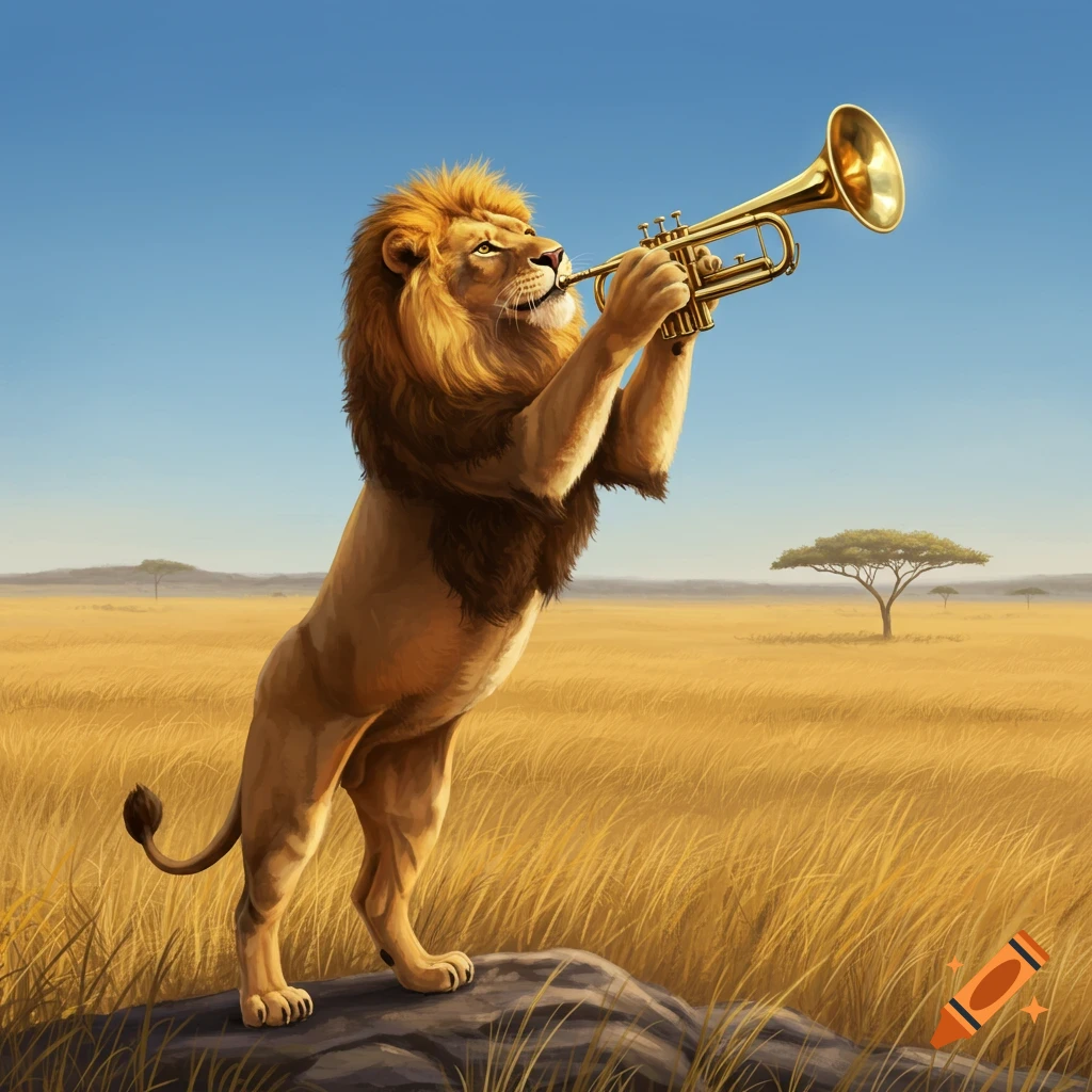 A lion stands on its hind legs on a rock, playing a golden trumpet in a sunny savanna with acacia trees.