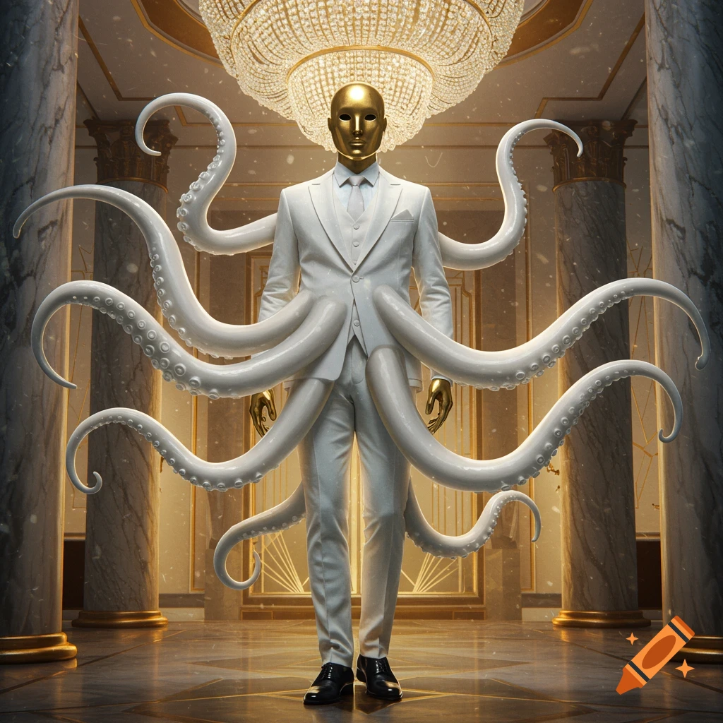 A man in a white suit with white tentacles and a golden mask stands under a grand chandelier in a luxurious hall.