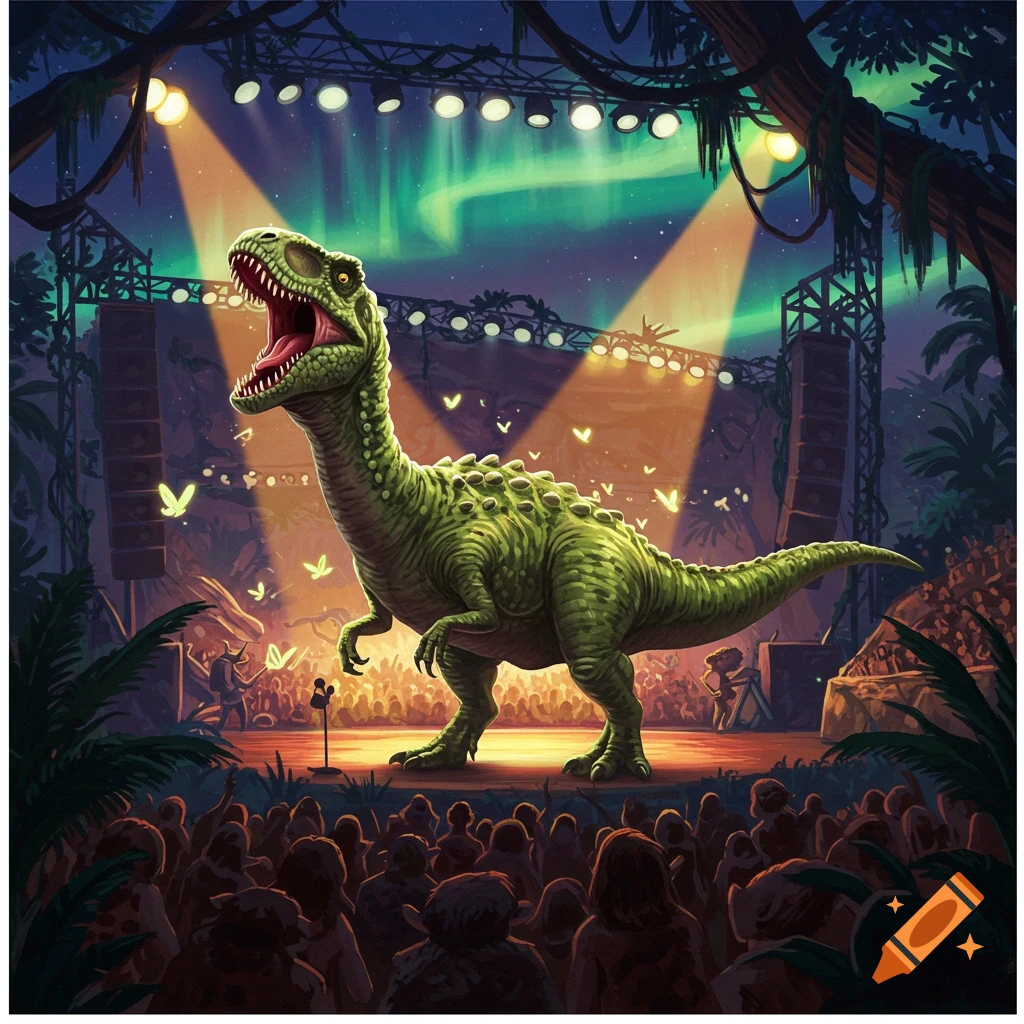 A vibrant green dinosaur sings on a jungle stage under bright spotlights and a glowing aurora, with a crowd of people watching, digital illustration.