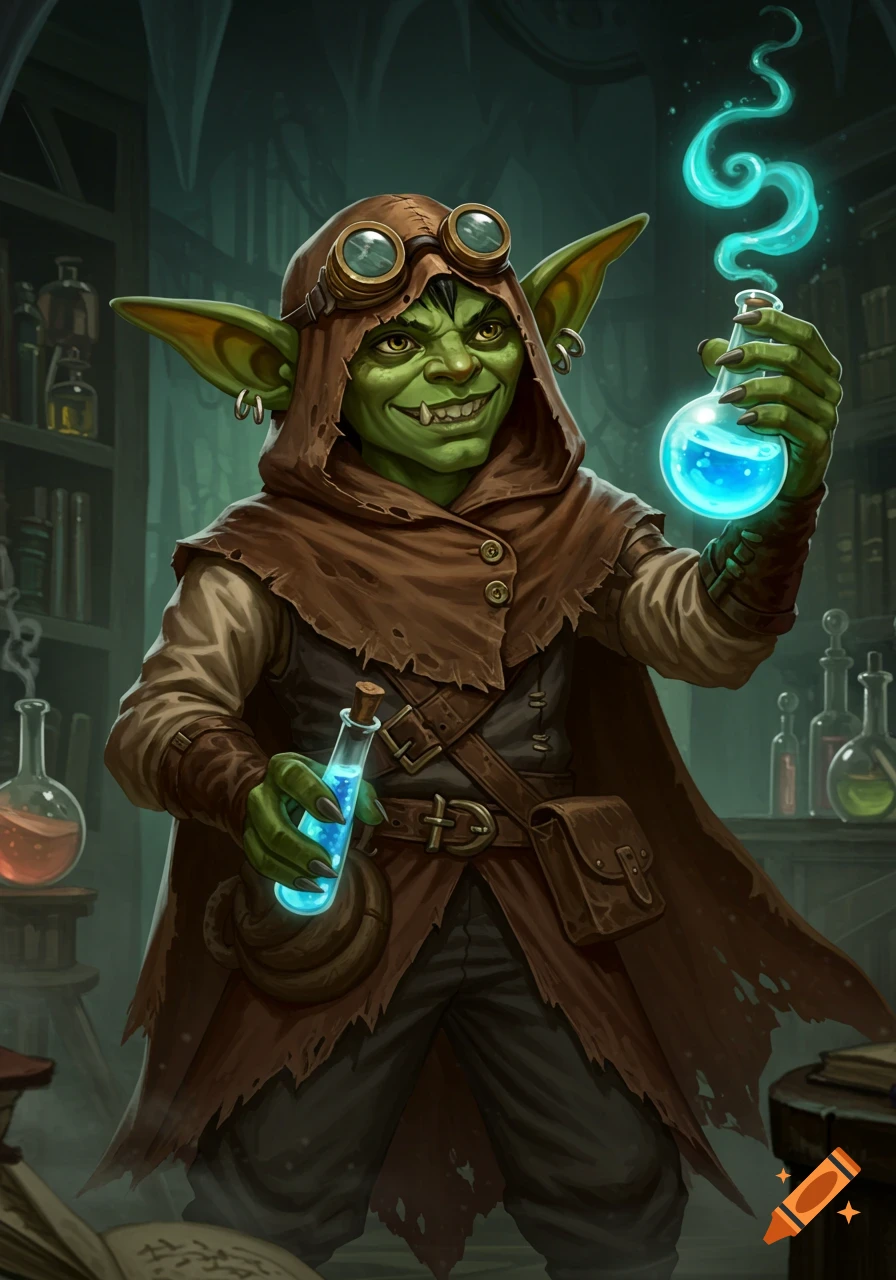 A young goblin alchemist in a hood and goggles holds two glowing blue potions in a dimly lit lab, in a detailed fantasy illustration.