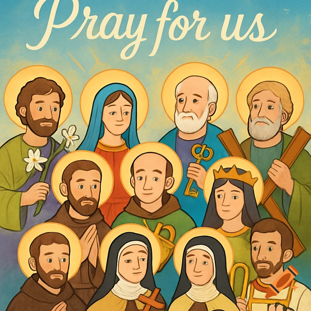 A cartoon illustration shows nine Christian saints, including Mary, Peter, and other figures with halos, with the text "Pray for us" at the top.