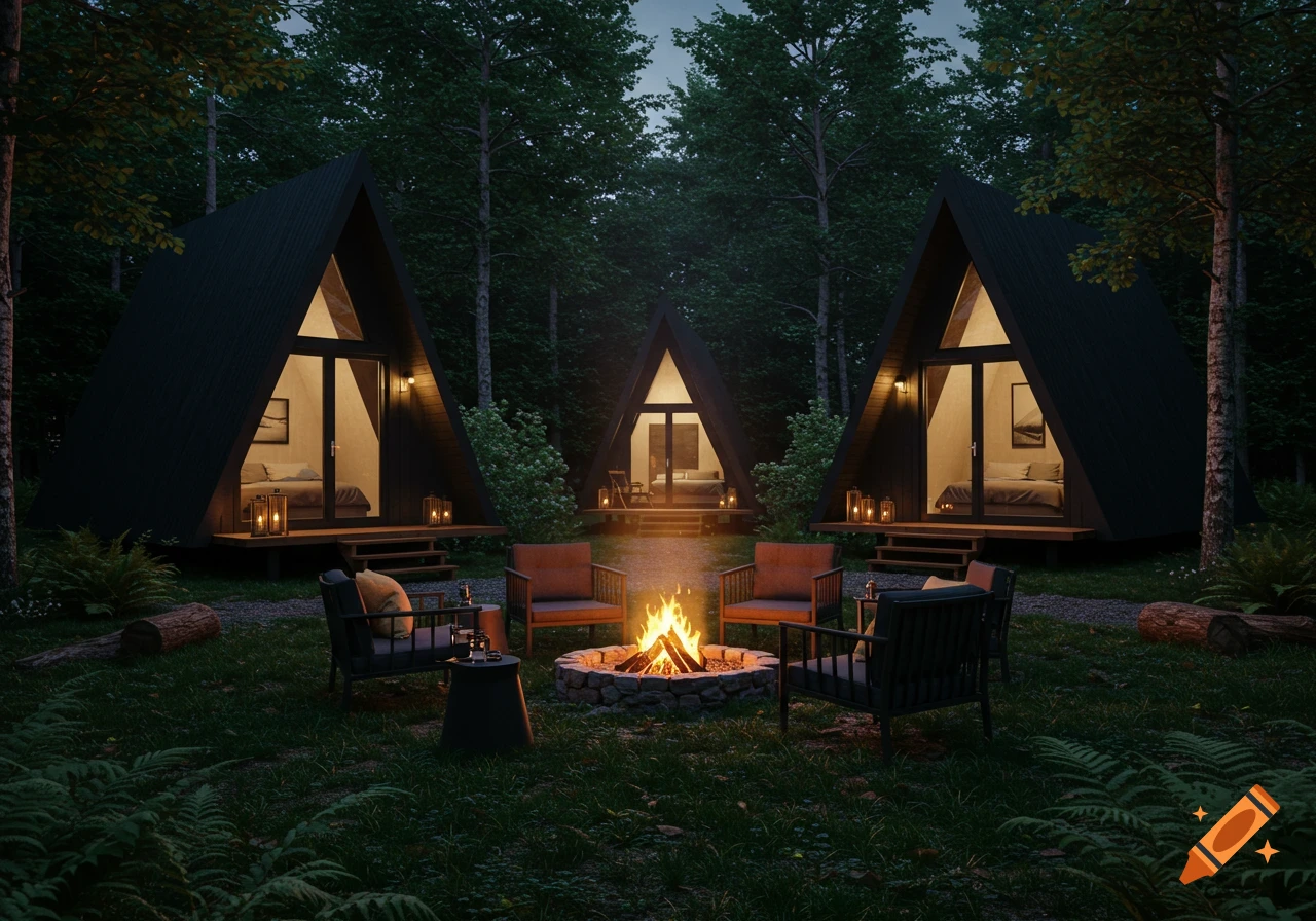 Photorealistic image of three black A-frame cabins at night in a forest, centered around a campfire with chairs.