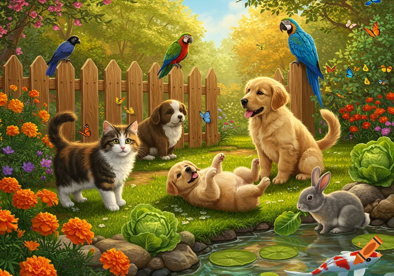 A cheerful, colorful illustration of various pets, including dogs, a cat, a rabbit, and birds, in a sunny garden with a pond and flowers.