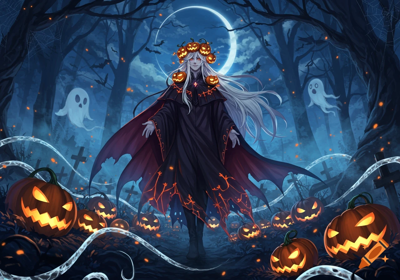 Anime character with white hair and pumpkin crown in a spooky Halloween forest with jack-o'-lanterns, ghosts, and bats.