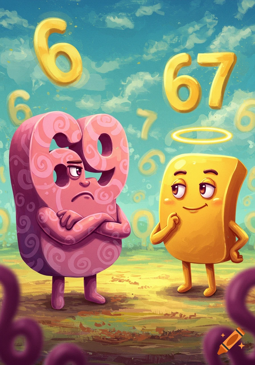 A vibrant cartoon of a grumpy humanized number 69 looking jealous at a happy humanized number 67 with a halo, in a field under a blue sky.