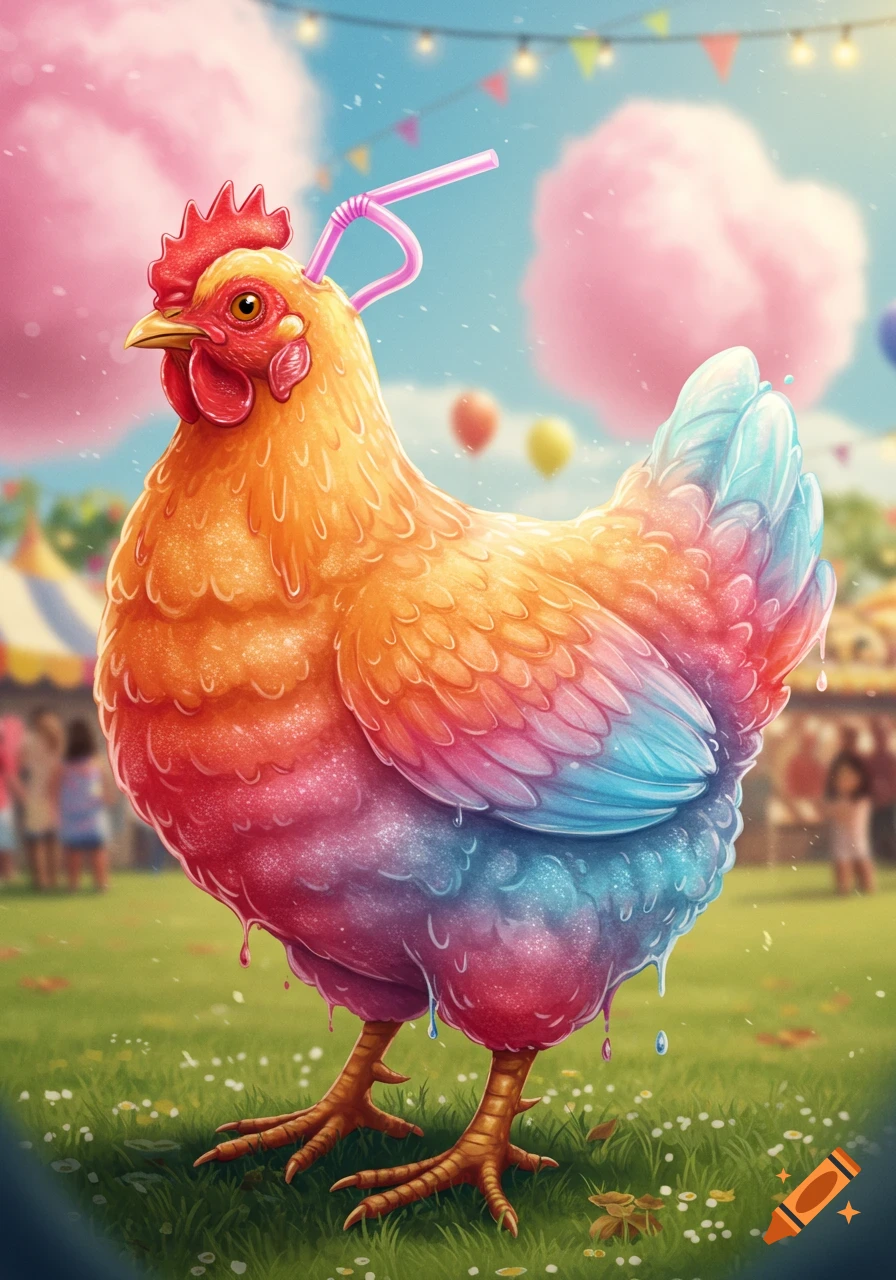 A whimsical chicken with a melting, rainbow-colored slushie body and a pink straw in its head stands in a bright fairground.