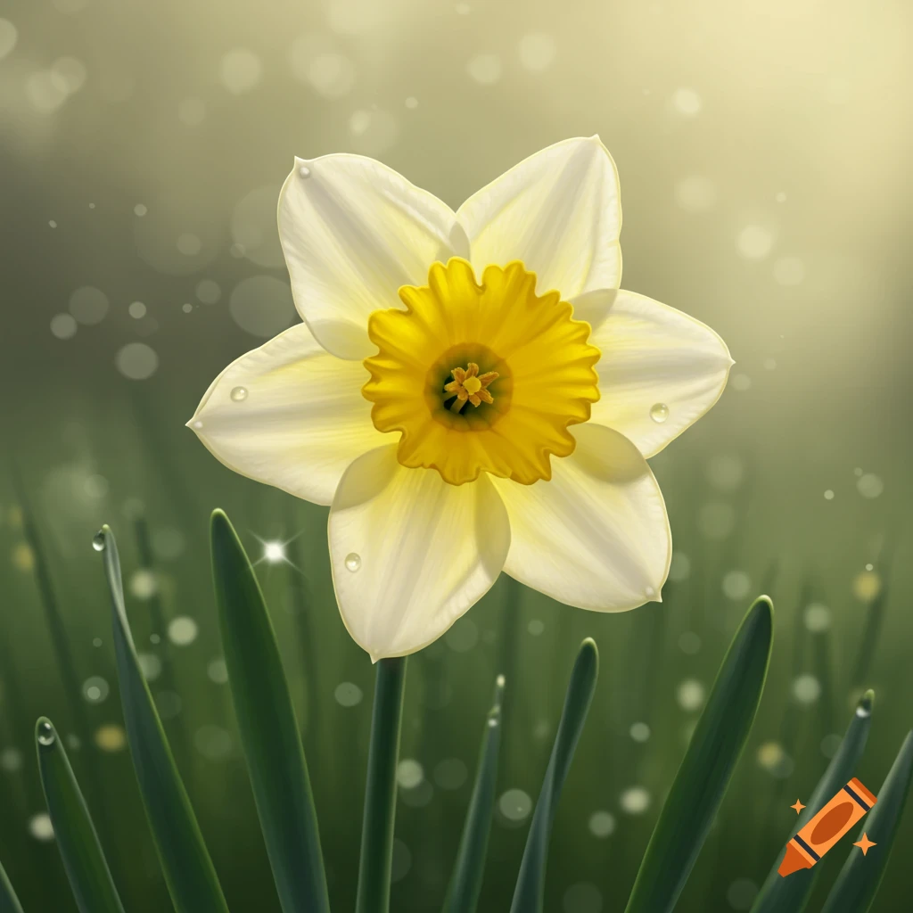 A vibrant white and yellow daffodil with water droplets, against a soft, green bokeh background.