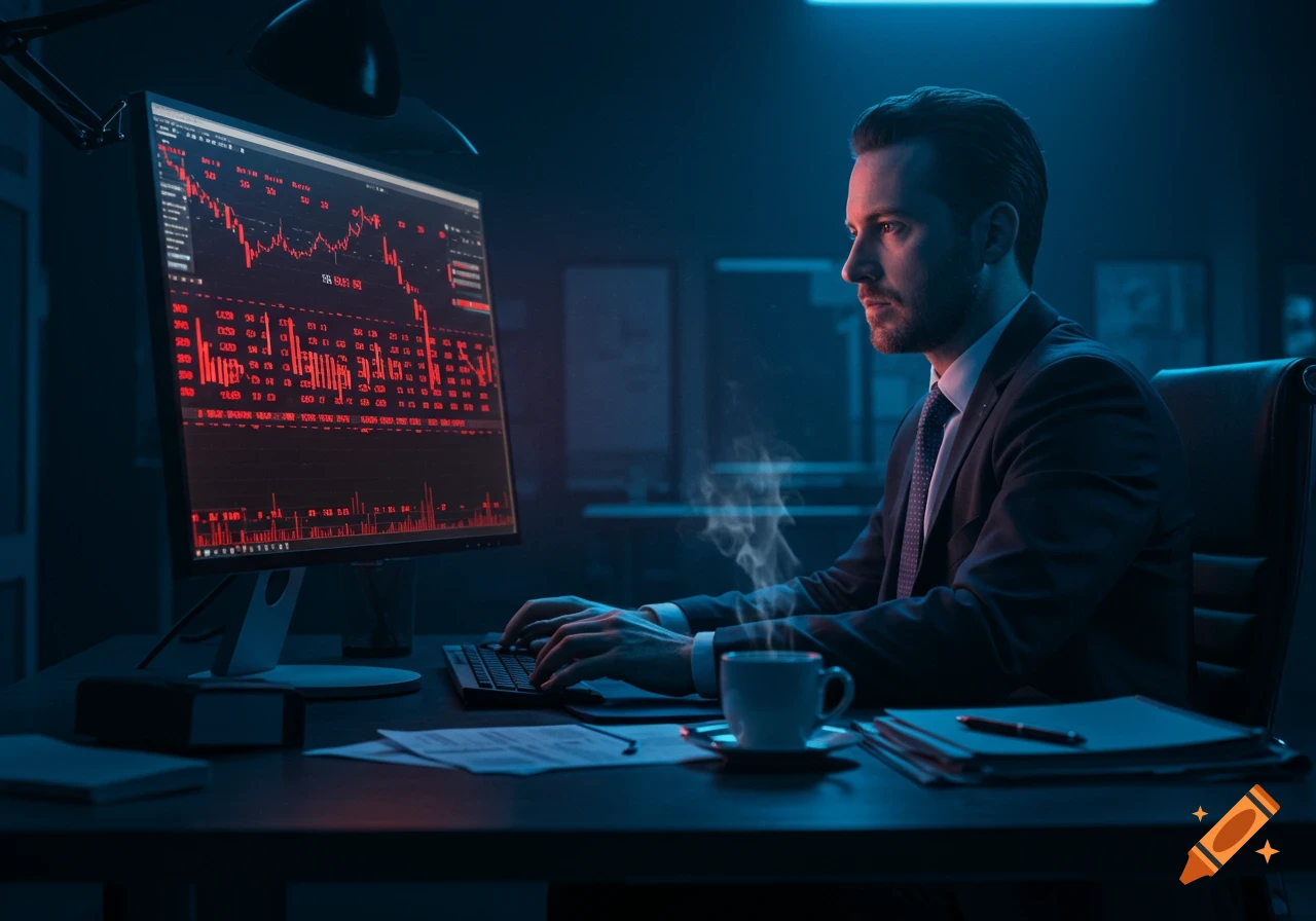 A photorealistic image of a man in a suit working on a computer with red financial data charts in a dimly lit office.