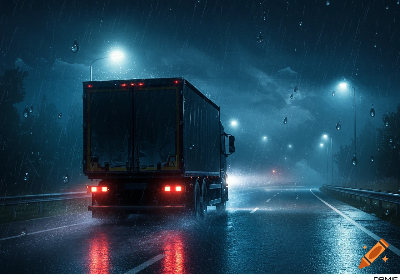 A semi-truck drives away on a wet highway at night during heavy rain, with bright headlights and red taillights reflecting on the asphalt.