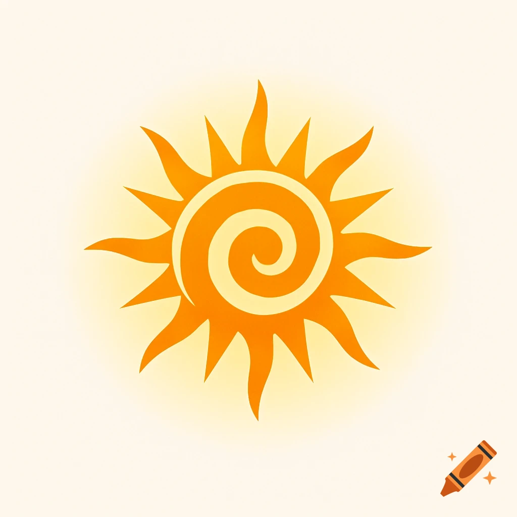 A stylized orange sun logo with a central spiral and jagged rays, glowing on a light yellow background.