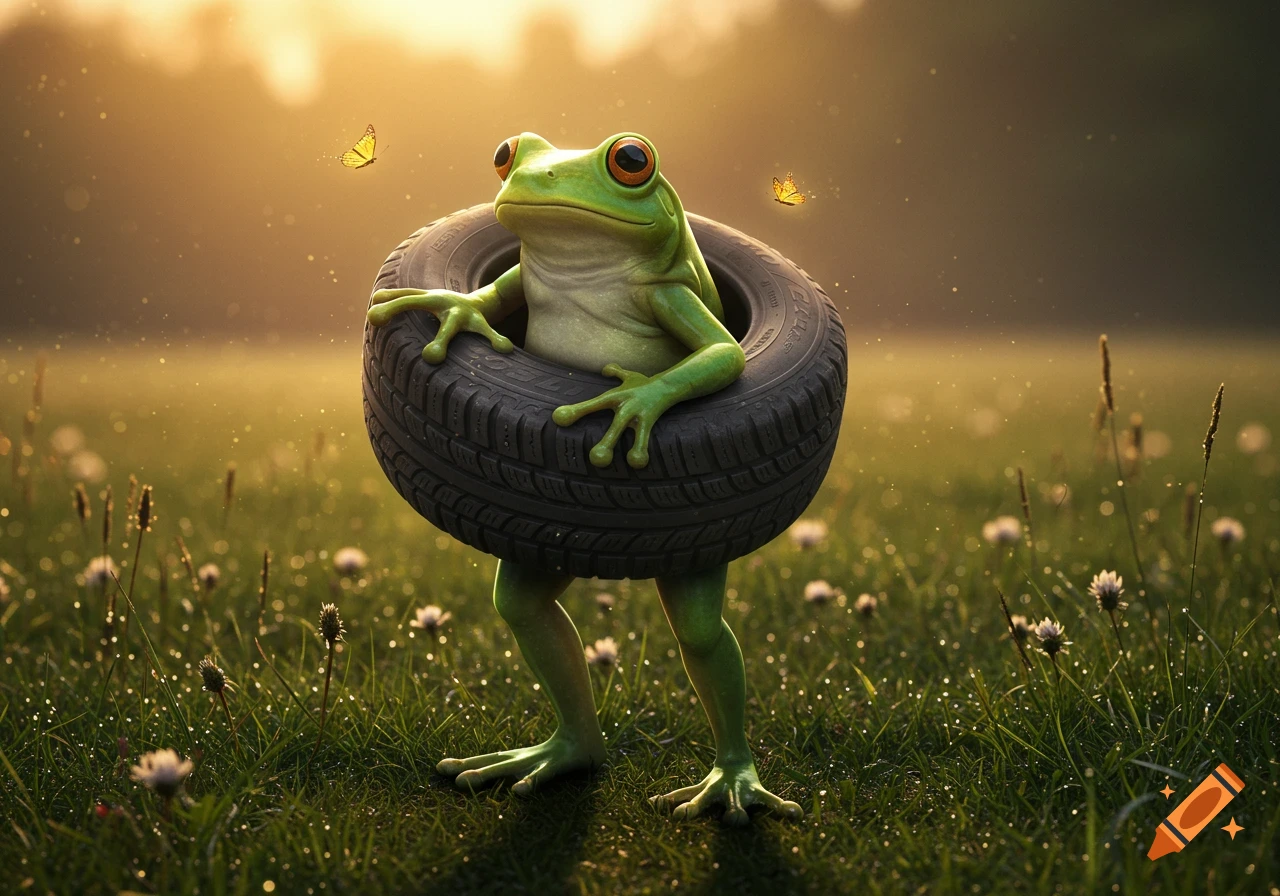 A whimsical frog with a tire for a body and human-like legs stands in a sunlit grassy field with butterflies.