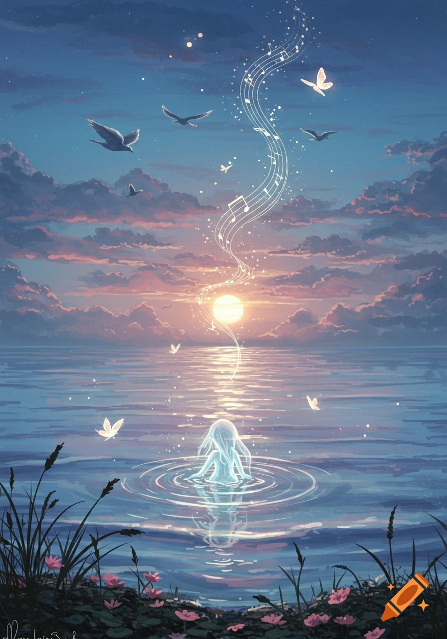 An ethereal siren rises from the luminous sea at twilight, surrounded by glowing music notes, butterflies, and birds in a painterly dreamscape.