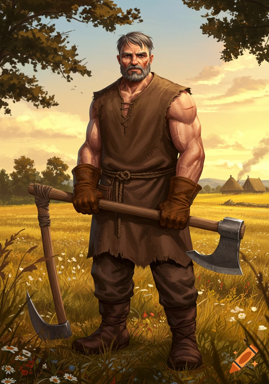 A muscular, bearded medieval peasant in a brown tunic stands in a golden field, holding an axe and a scythe. Stylized illustration.