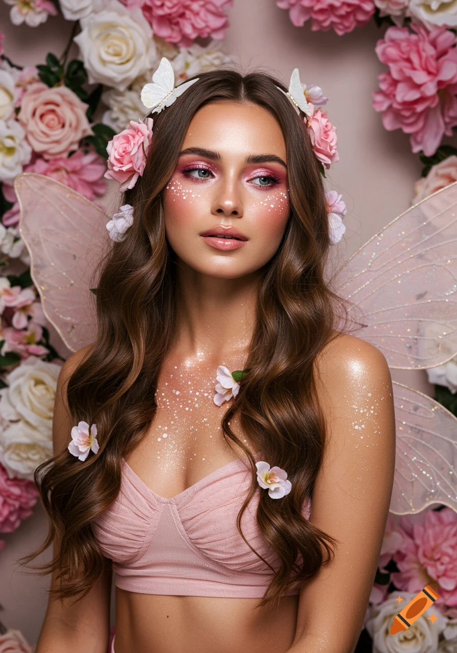 A dreamy, photorealistic portrait of a fairy-like woman with long brown hair, floral headband, and glitter, surrounded by pink and white flowers.
