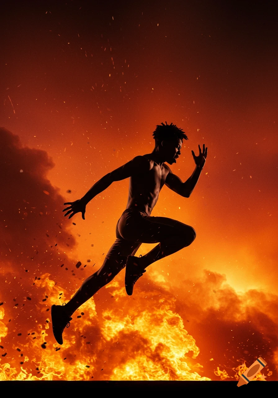 A dynamic, silhouetted male athlete jumps against a vibrant orange and red fiery background with flying sparks.