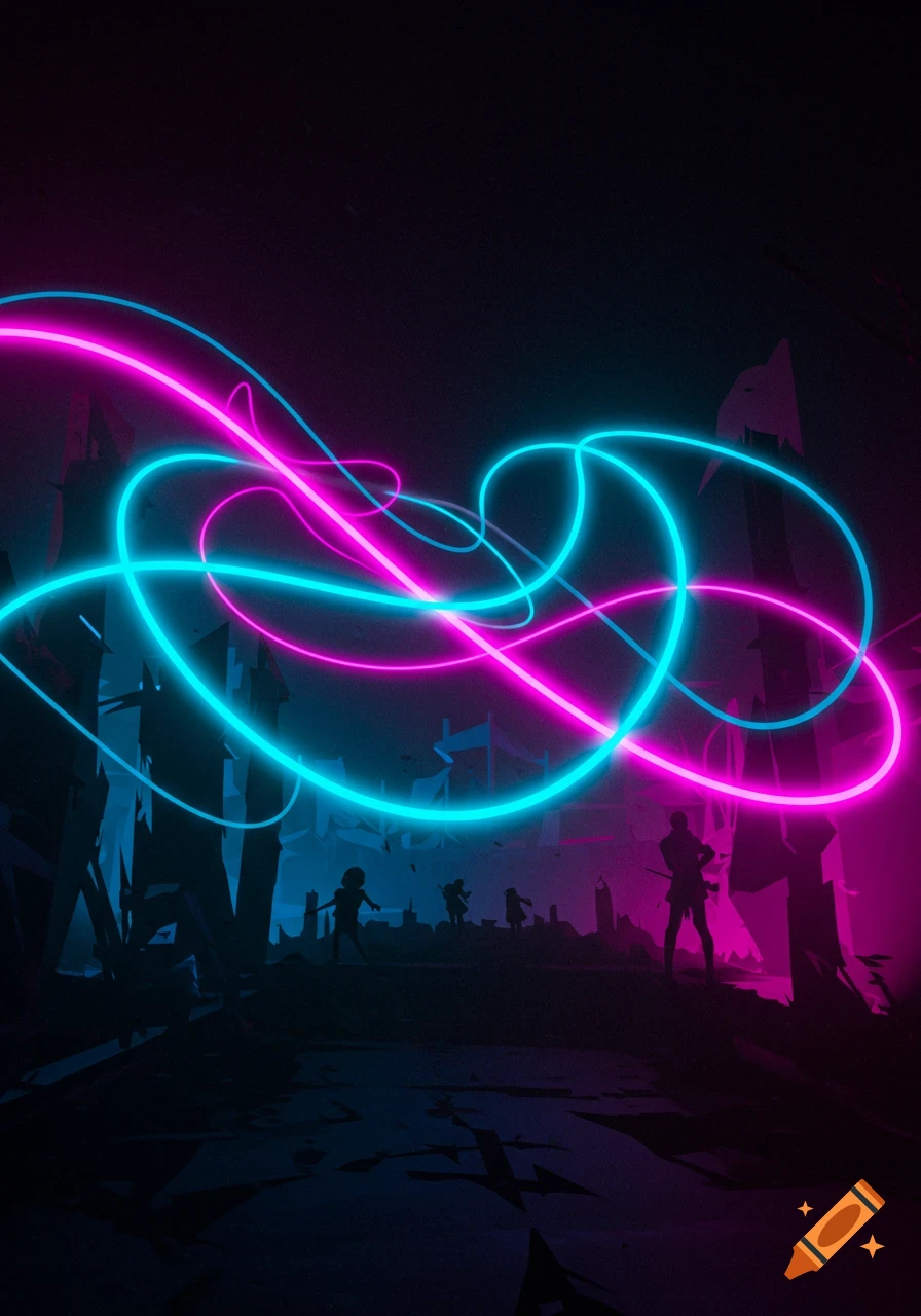 Stylized silhouettes of people in a ruined cityscape under vibrant, swirling neon pink and blue electric lines.