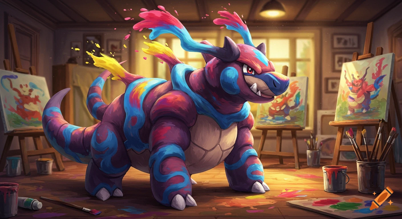 A colorful, paint-splashed creature resembling a transformed Hippowdon stands in a painter's studio with canvases and art supplies.