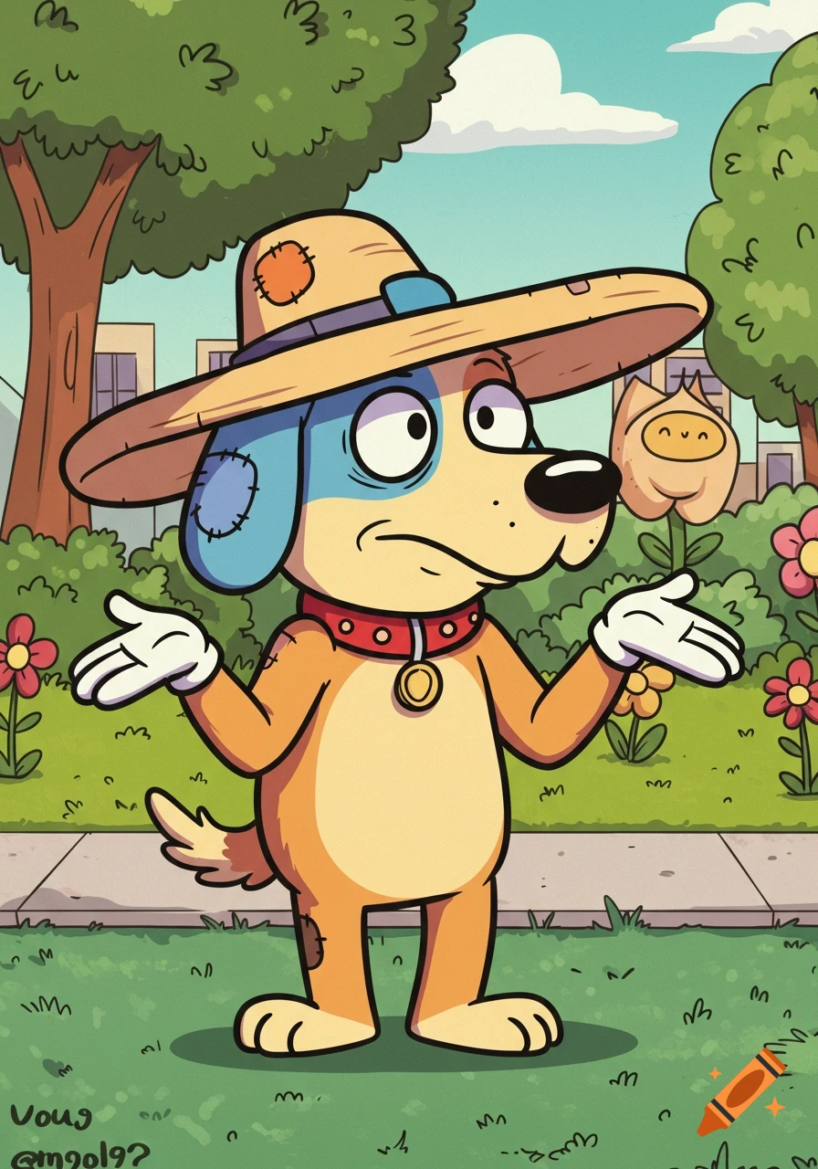 A cartoon dog in a straw hat and red collar shrugs with wide eyes in a park setting with flowers and trees.