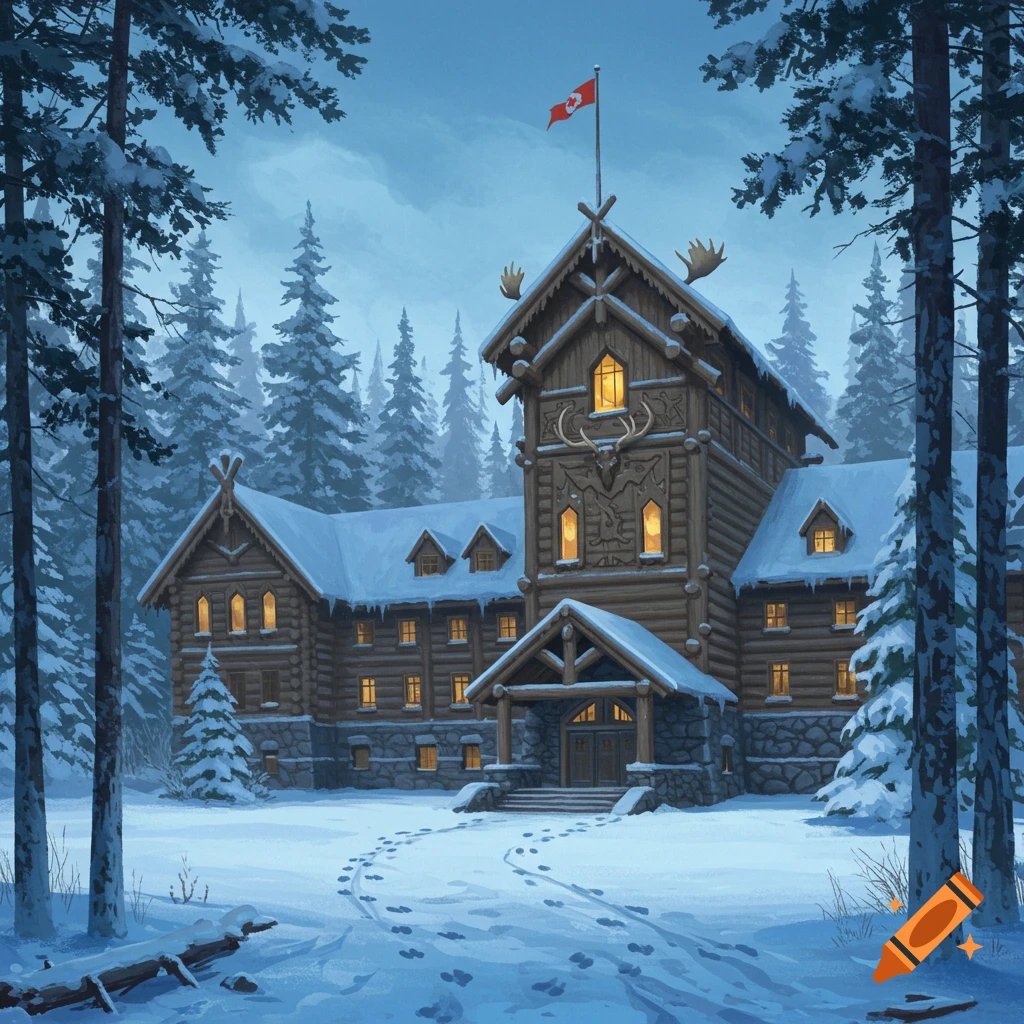 A detailed illustration of a large, snow-covered log lodge with a Canadian flag on its roof, surrounded by winter pine trees.