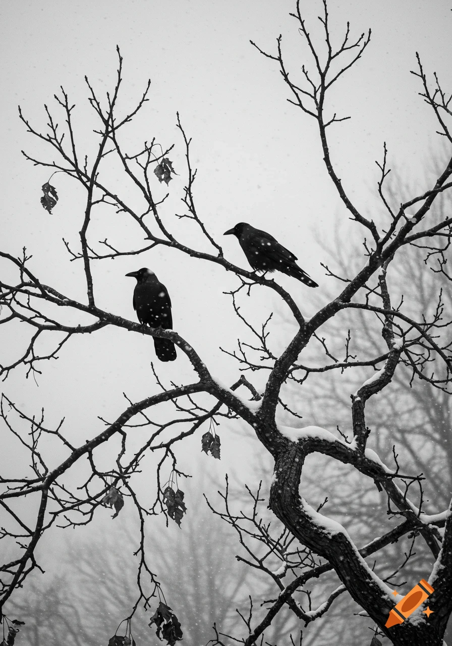 Two dark crows perch on bare, snow-dusted tree branches during a winter snowfall in a black and white photograph.
