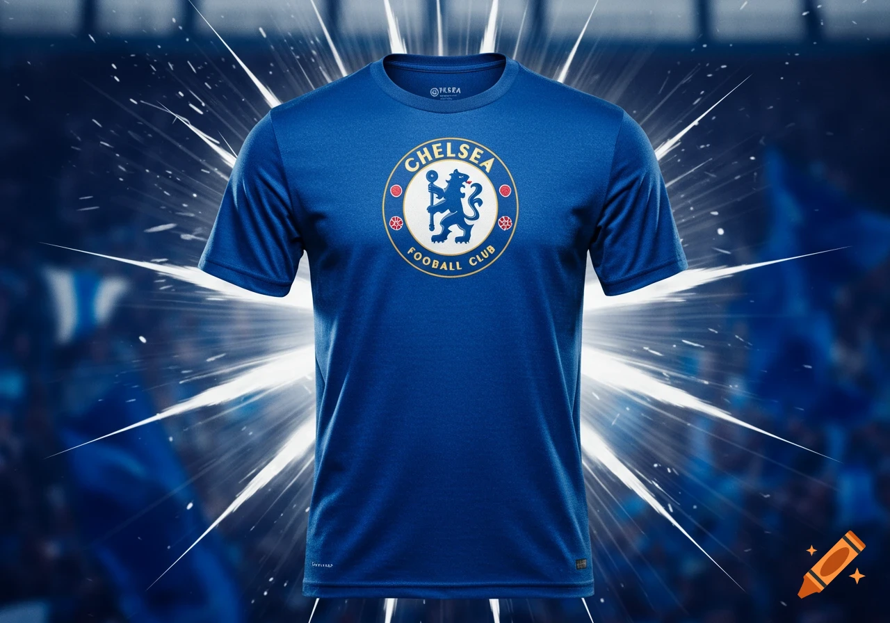A blue Chelsea Football Club t-shirt with the team logo on the chest, set against a blurry blue background with white light rays.