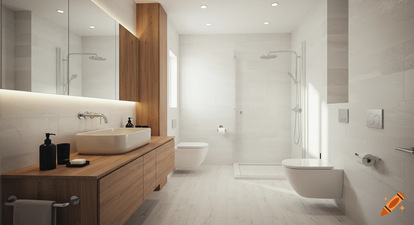 A bright, modern bathroom featuring a wooden vanity with a white rectangular sink, a wall-mounted toilet, and a glass shower.