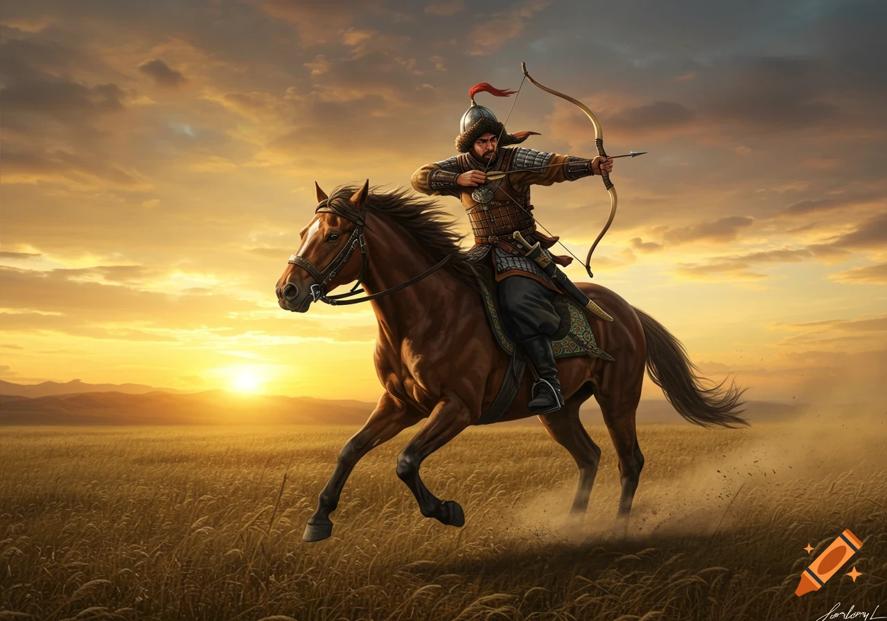 A Tatar warrior on horseback with a drawn hornbow gallops across a golden steppe at sunset, detailed and photorealistic.