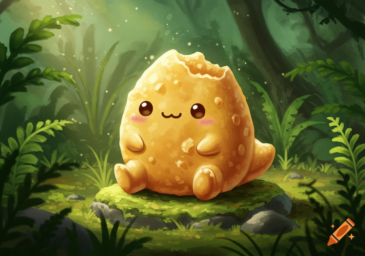 A cute, golden dino-nugget creature with a bite taken out, big eyes, and a smile sits on a mossy rock in a lush forest. Digital illustration.