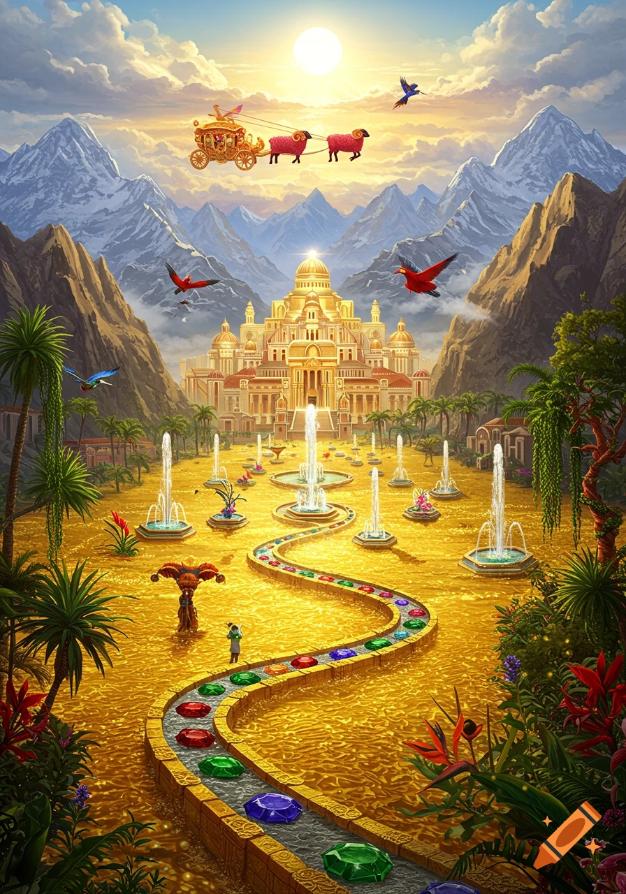 A vibrant fantasy landscape with a majestic golden city, a path of colorful gems, and flying red sheep pulling a carriage over golden waters surrounded by mountains and tropical plants.