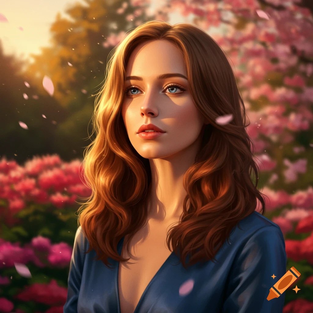 A beautiful young woman with blue eyes and long brown hair in a blue dress, amidst pink flowers and falling petals, bathed in golden light.