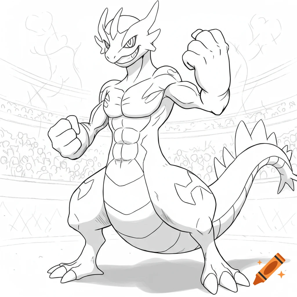 A muscular, dragon-like Hakamo Pokemon in line art style stands in a battle arena, flexing and smiling.