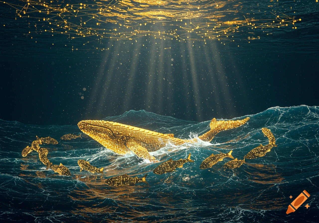 A pixelated golden whale swims in a deep blue ocean with glowing fish, under abstract golden lines and light rays. Digital art, futuristic.